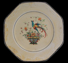 Thumbnail image of an octagonal saucer with bird & flower decal in center - click on image and it takes you to the introduction page of the Decal Decorated Ware ceramics.